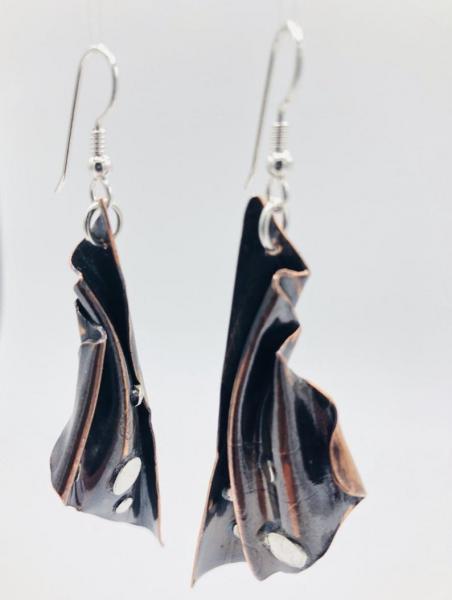 Modern & organic, fan shaped fold-formed copper/sterling earrings one-of-a-kind, gorgeous dangles. By DianaHDesigns/Artful Handmade Jewelry