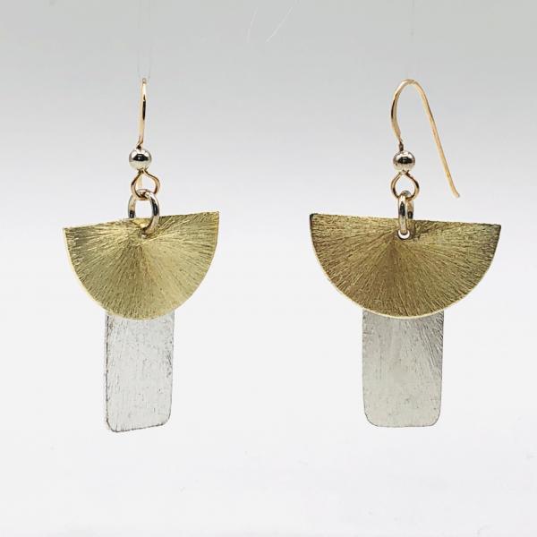 Contemporary geometric dangle earrings half moon/rectangle shapes, gold/silver tones. Lightweight w/ gold-filled ear wires. DianaHDesigns picture