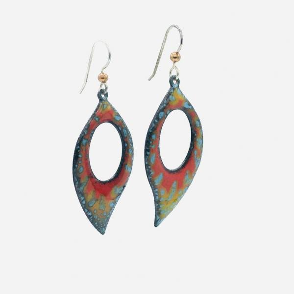 Colorful enamel pierced dangle leaf earrings handmade in gorgeous fall colors of red/blue/gold with sterling silver earwires. DianaHDesigns