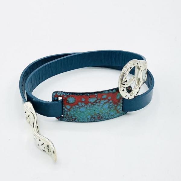 Blue Leather Double Wrap Bracelet with Handmade Colorful Enamel Slide & Magnetic Buckle Clasp in Center, Unique Artisan Wrap. DianaHDesigns picture