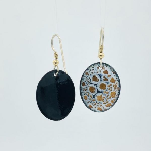 Black/white/gold handmade enamel earrings. Oval dangles gracefully from sterling silver ear wires. Elegant, one-of-a-kind! DianaHDesigns! picture