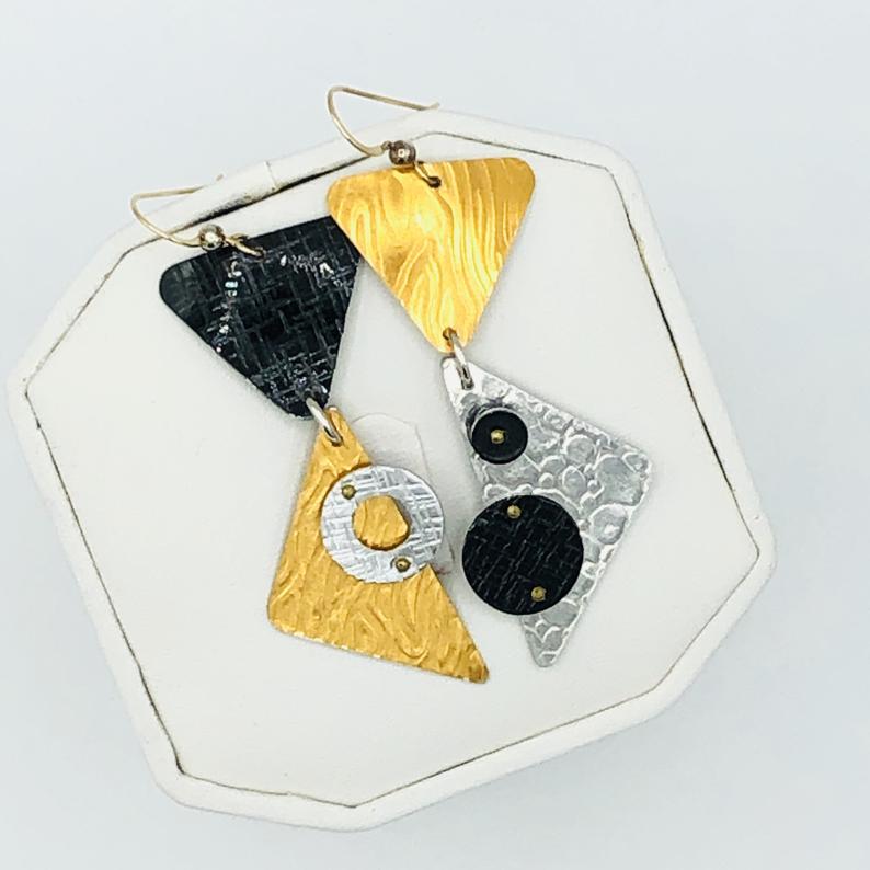 Asymmetrical, architectural and 3 dimensional geometric earrings! One-of-a-kind & lightweight. Textures, rivets for detail. DianaHDesigns picture