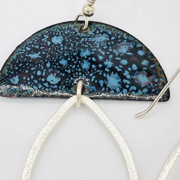 Asymmetrical half-moon shape earrings in blue/brown enamel dangle gracefully, sterling ear wires. Artful Handmade Jewelry by DianaHDesigns! picture