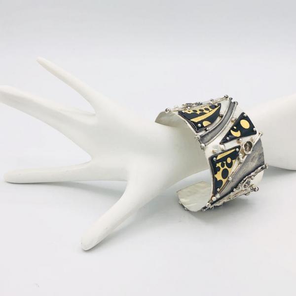 Sun/Moon/Stars reticulated sterling silver/24K gold/enamel cuff bracelet! Bold statement piece by DianaHDesigns/Artful Handmade Jewelry. picture