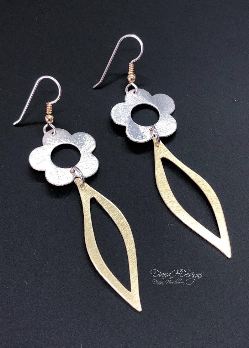 Flower Power! Fun but Sophisticated Lightweight Statement Dangle Earrings by DianaHDesigns. Contemporary two-tone with sterling ear wires. picture