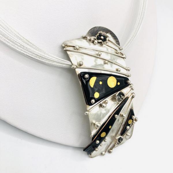 Diana Hirschhorn Handmade Sun/Moon/Stars reticulated sterling silver/24K gold/enamel statement pendant necklace! Art Jewelry Custom Order! picture