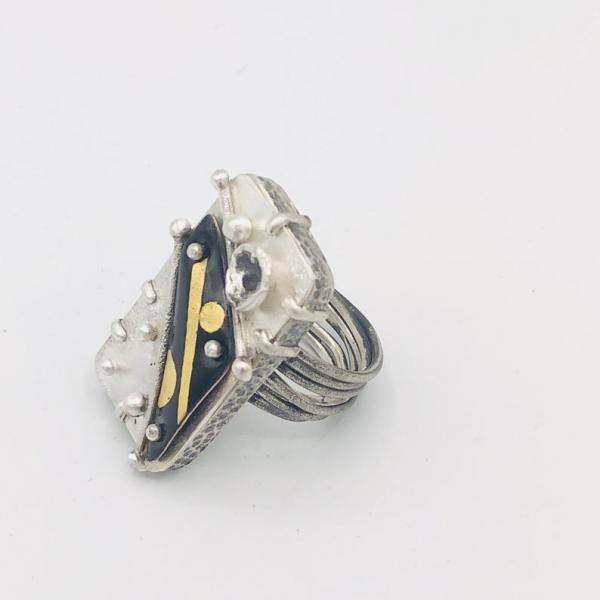 Diana Hirschhorn Artful Handmade Cosmic/Modern Bold Statement Ring! Reticulated Sterling Silver with 24K Gold and Enamel. Custom order Only picture