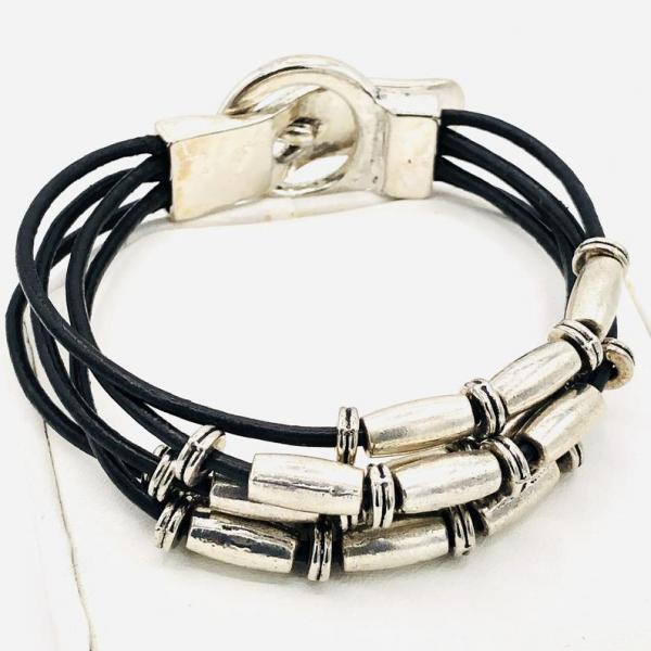 Black Leather Bracelet Magnetic Clasp Stackable Wrap Handmade Artisan Multi-Strand One-of-a-Kind with Silver tone beads, supple leather cord picture