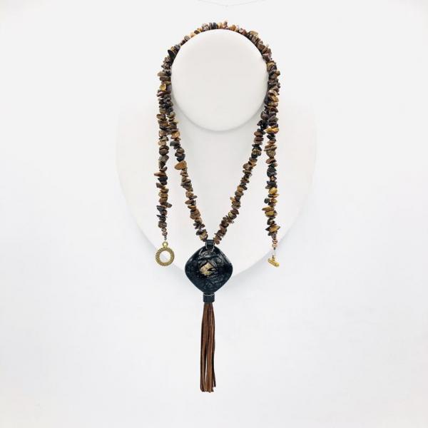 Handmade Fused glass & Tigers Eye Jasper Long Necklace w/ Tassel. "Eye of the Tiger" Beaded One-of-a-kind necklace by Diana Hirschhorn picture