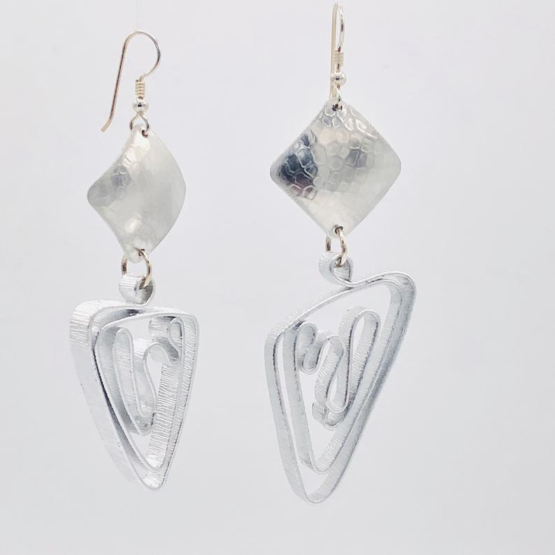 Silver aluminum statement earrings by DianaHDesigns. Handmade, contemporary, geometric, lightweight and graceful! One-of-a-kind pair! picture