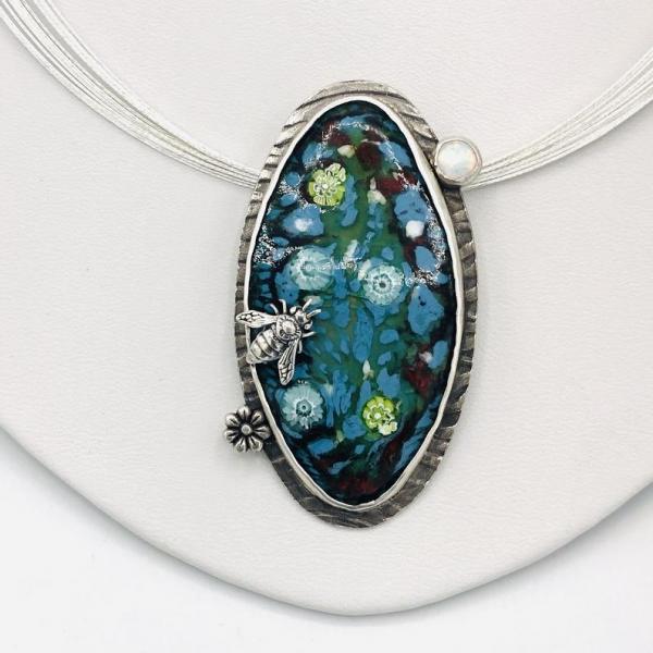 Water lily garden handmade necklace sterling silver/vitreous enamel with bumble bee & opal accents, multi-cable neck wire by DianaHDesigns! picture