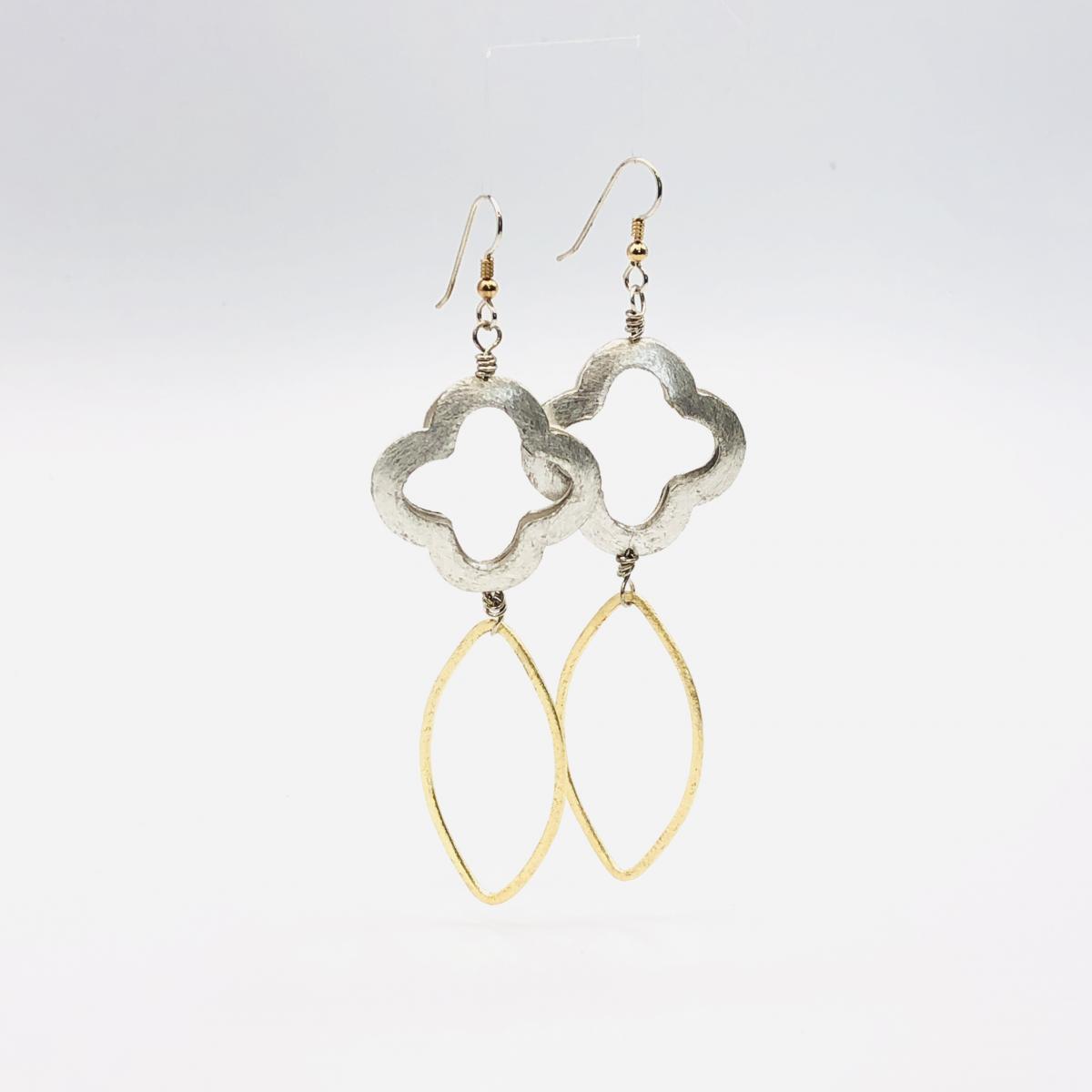 Handmade contemporary statement dangle earrings bold geometric flower & open oval/marquis leaf design in gold/silver tones. By DianaHDesigns picture