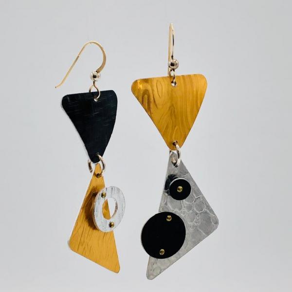 Asymmetrical, architectural and 3 dimensional geometric earrings! One-of-a-kind & lightweight. Textures, rivets for detail. DianaHDesigns picture
