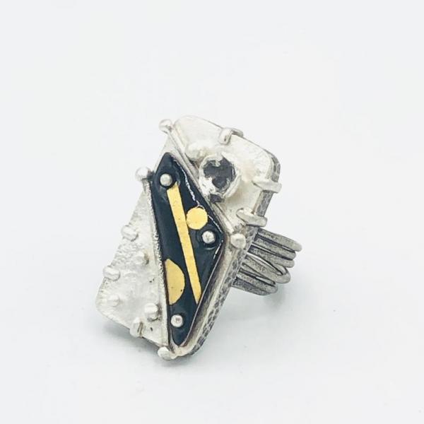 Diana Hirschhorn Artful Handmade Cosmic/Modern Bold Statement Ring! Reticulated Sterling Silver with 24K Gold and Enamel. Custom order Only picture