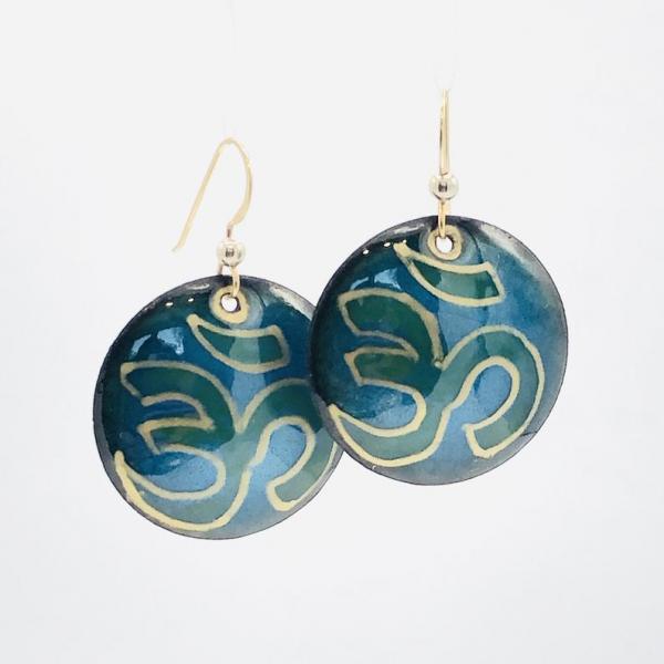 Yoga om earrings handmade, handpainted teal blue/green/gold vitreous enamel w/ gold-plated ear wires, one-of-a-kind, fun perfect for a yogi! picture