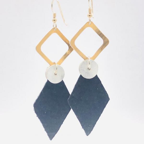 Leather handmade, hand painted modern earrings black/gold/silver. Geometric, bold, lightweight and one-of-a-kind Jewelry by DianaHDesigns! picture