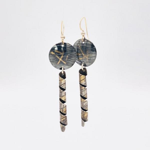 Modern, contemporary 24K gold/sterling silver industrial/architectural design earrings by DianaHDesigns. Oxidized, textured, one-of-a-kind!