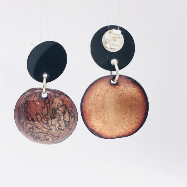 Enamel post earrings. Etched design in fall colors black/coppery gold. Modern, unique and fun. Artful Handmade Jewelry by DianaHDesigns! picture