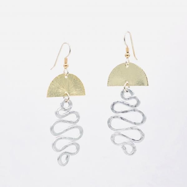 DianaHDesigns jellyfish half moon & swirl dangle earrings gold and silver tones. Hand formed wire, lightweight, sexy, gold-filled earwires picture