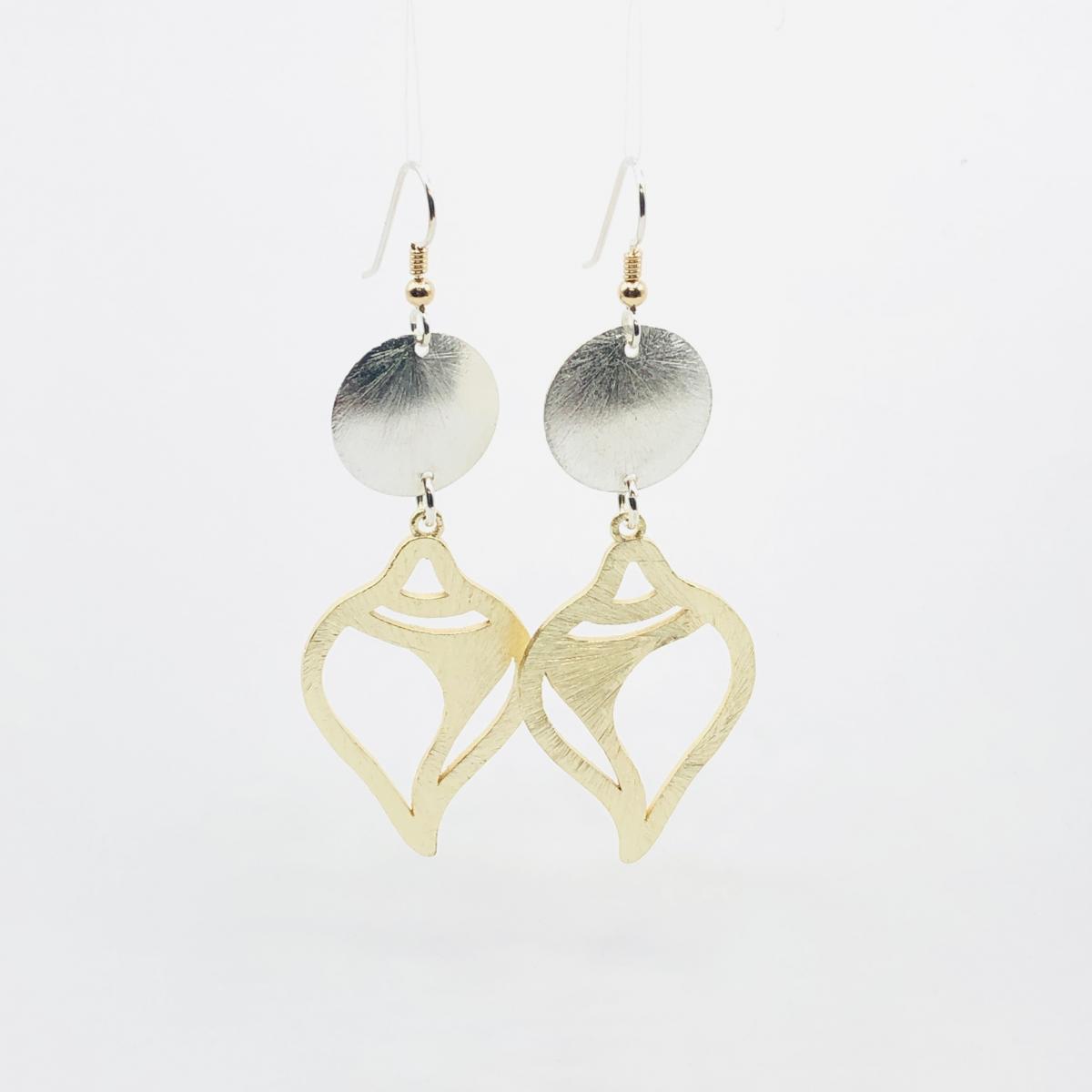 Modern gold/silver tropical dangle earrings geometric shell design, sterling silver ear wires. Artful Handmade Jewelry by DianaHDesigns! picture