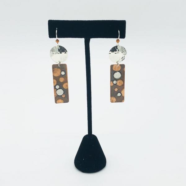 Geometric rectangular polka dot statement earrings copper/silver. Handmade, one-of-a-kind by DianaHDesigns! Pierced, sterling ear wires. picture