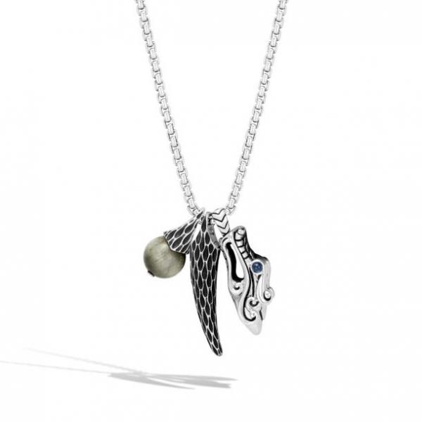 JOHN HARDY NAGA SILVER CHARM PENDANT 2.7MM BOX CHAIN W/EAGLE EYE & BLUE SAPPHIRE EYE