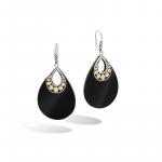 JOHN HARDY DOT GOLD & SILVER CARVED CHAIN FRENCH WIRE EARRINGS WITH BLACK ONYX