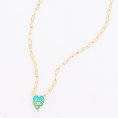 DANI DESIGNS 16'' RHODIUM PAPER CLIP W/TURQUOISE ENAMEL HEART EVIL EYE NECKLACE picture