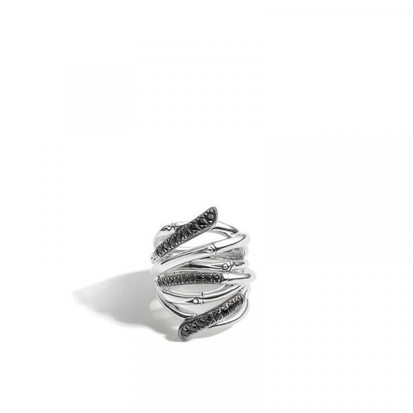 JOHN HARDY SILVER BAMBOO LAVA EXTRA-WIDE RING WITH BLACK SAPPHIRE