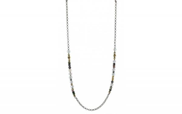 DANI DESIGNS 36'' HEMATITE COLORED CHAIN W/FRESHWATER PEARLS, MULTI STONE BEAD NECKLACE