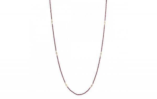 DANI DESIGNS MASK HOLDER/NECKLACE 36'' 3MM GARNET BEADS W/ CZ GOLD STATIONS