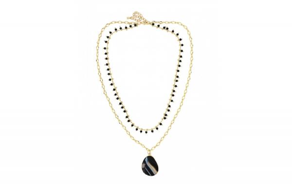 DANI DESIGNS DOUBLE LAYER GOLD 18'' CHAIN W/BLK AGATE PENDANT