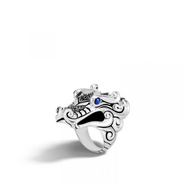 JOHN HARDY LEGENDS NAGA SILVER RING W/BLACK SAPPHIRE, BLACK SPINEL & BLUE SAPPHIRE EYES picture