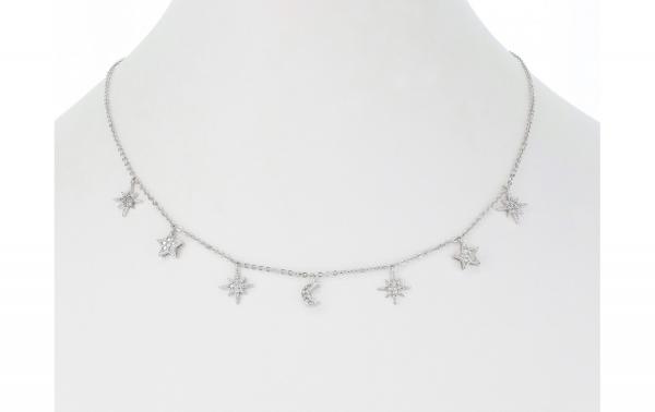 DANI DESIGNS 15'' PAVE CZ STARBURST W/STARS & MOON RHODIUM NECKLACE