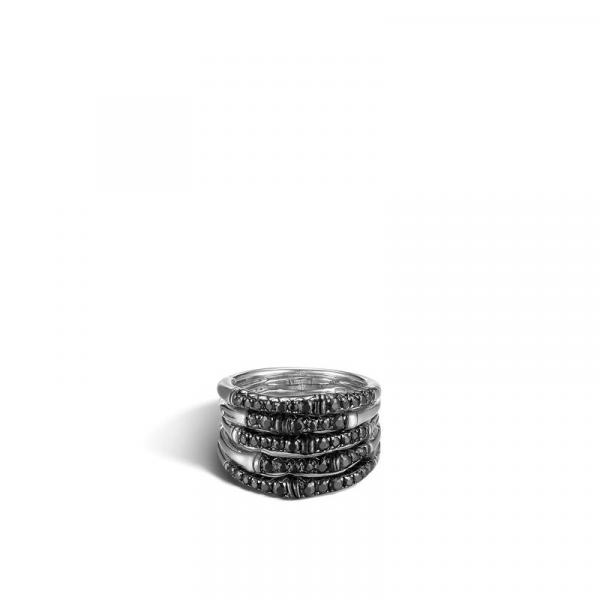 JOHN HARDY SILVER BAMBOO LAVE WIDE RING WITH BLACK SAPPHIRE