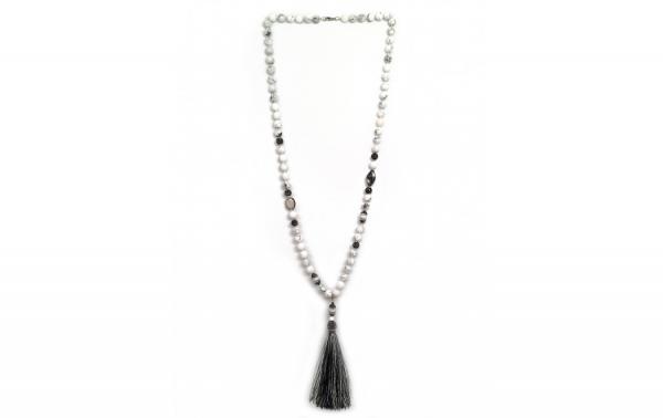 DANI DESIGNS NECKLACE WHITE HOWLITE MATT STONE CAPPED PEARL & OLIVE, REMOVABLE TASSLE picture