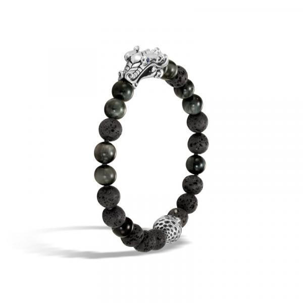 JOHN HARDY NAGA SILVER BRACELET, 8MM BLACK VOLCANIC BEADS W/8MM EAGLE EYE