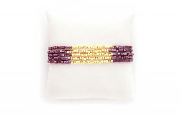 DANI DESIGNS 5 STRAND DRAWSTRING BRACELET W/MAROON & GOLD BEADS picture