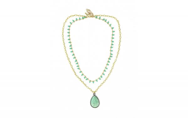 DANI DESIGNS DOUBLE LAYER GOLD 18'' CHAIN W/ MINT JADE TEARDROP PENDANT AND TEAL BEADS