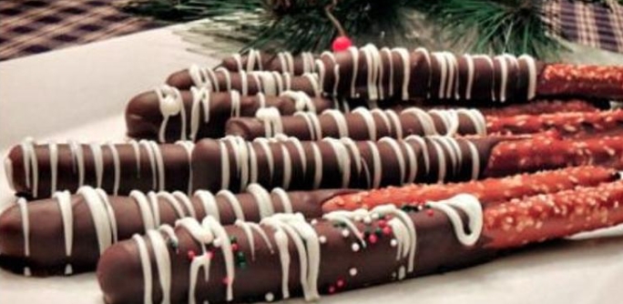 Gourmet chocolate dipped pretzel rods picture