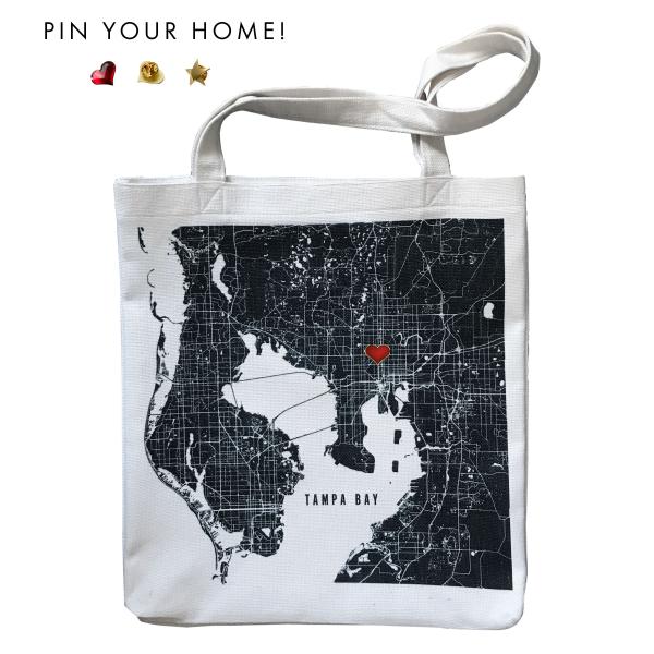 Black and White Tampa Bay Map Tote Bag | Pin Your Home