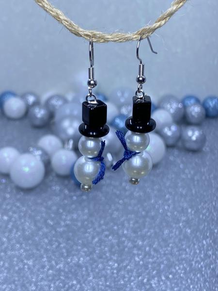 Pearl Snowmen Earrings with Blue Scarves picture