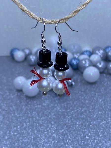 Pearl Snowmen Earrings with red scarves. picture
