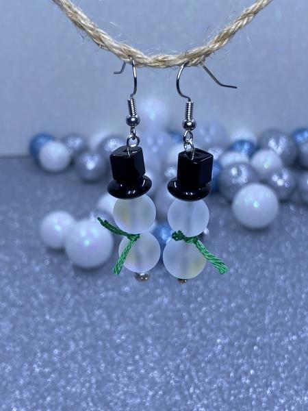 Iridescent Snowmen Earrings with Green Scarves picture