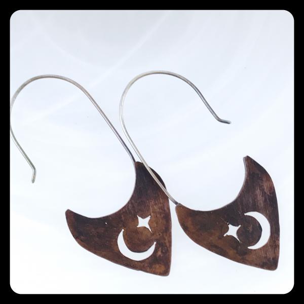 Copper Tooth Earring with Crescent Moon and Star Silhouette cut out picture