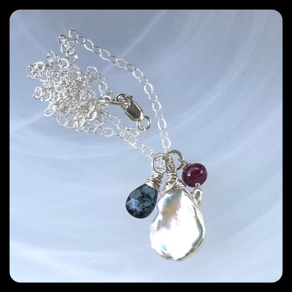 Keishi Pearl, Tourmaline, Ruby Cluster Necklace- sterling silver picture