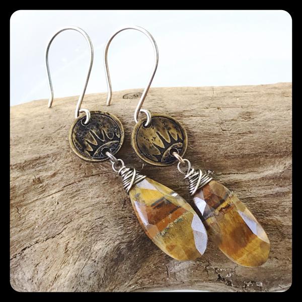 Tigers Eye Sunrise Etched Copper and Sterling Silver Earrings picture