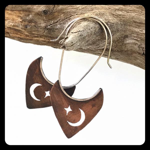 Copper Tooth Earring with Crescent Moon and Star Silhouette cut out picture