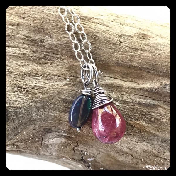Black Ethiopian Opal, Ruby Cluster Necklace- sterling silver