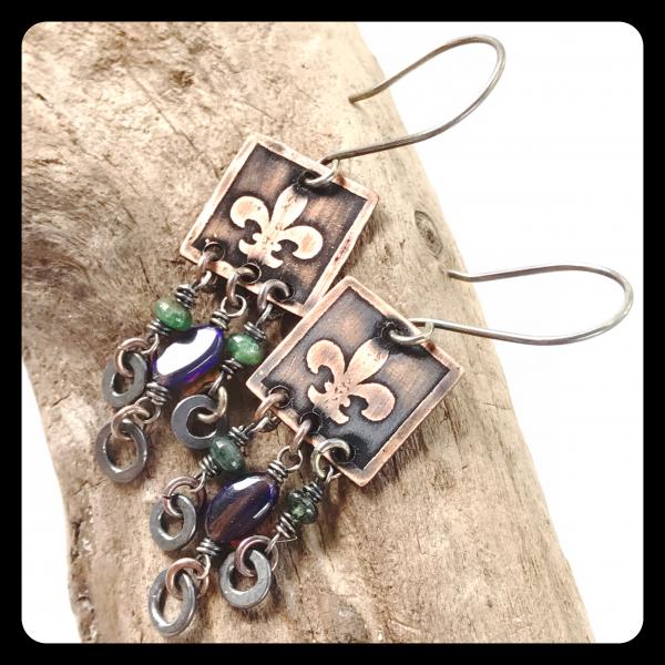 Emerald Ethiopian Opal Fleur de Lis Etched Copper and Sterling Silver Earrings